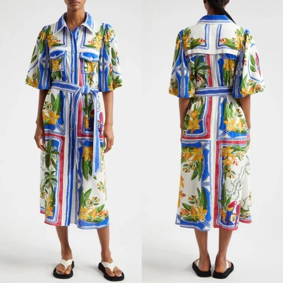 *SOLD* Farm Rio Tropical Destination Midi Linen Blend Shirt Dress Small NWT - Picture 3 of 17